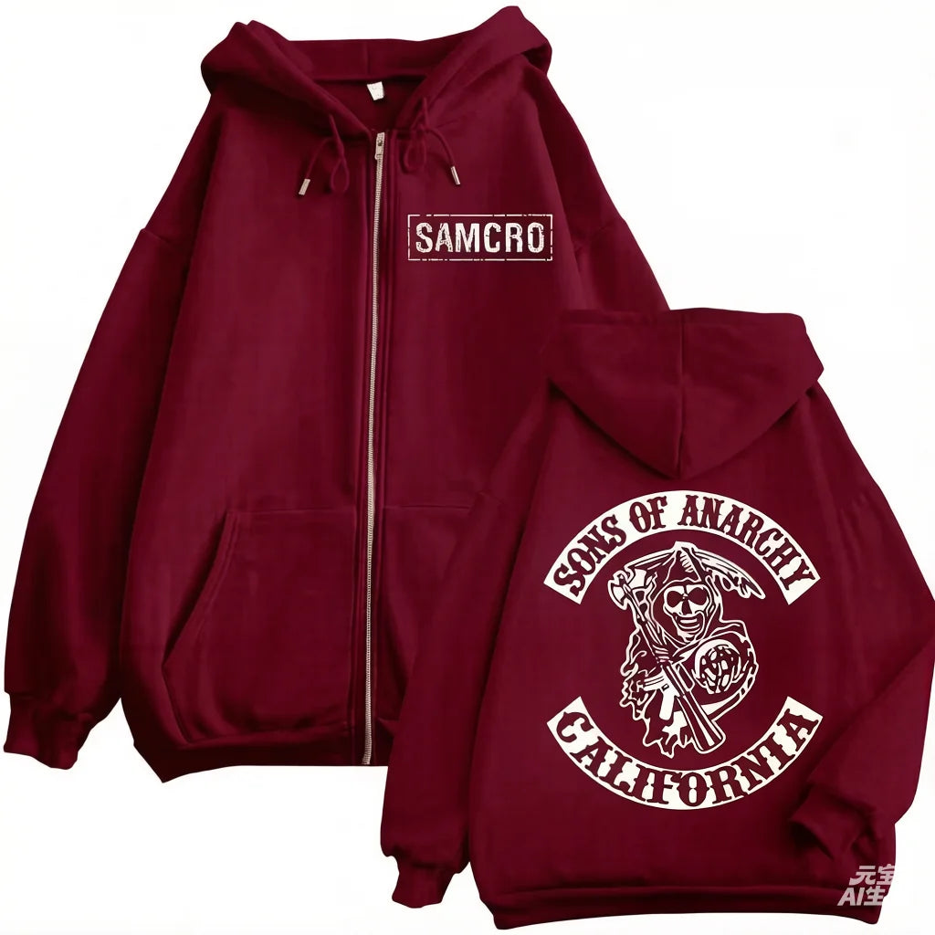 2025 New Sons of Anarchy Double Sided Printed Hoodie Men Women Gothic Retro Zipper Sportswear Casual Street Fashion Pullover