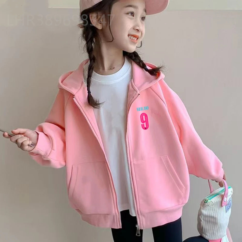 Kids Zipper Hoodie Tops Football Star No. 9 Print Black Boys Girls Red Toddler Coat Age 3-12 Casual Autumn Fashion Clothing