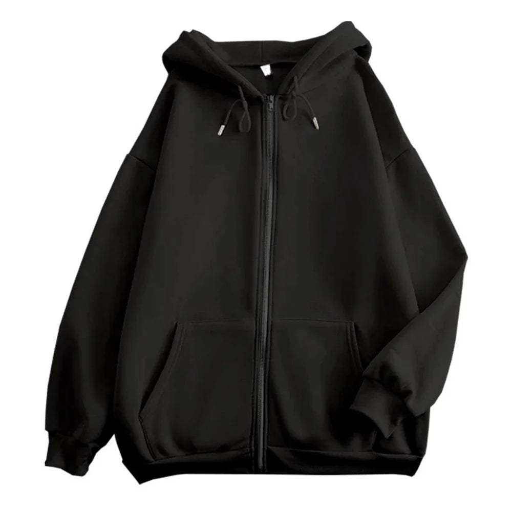 High Street Hoodie Men Solid Color Zip Up Long Sleeve Loose Jacket Coats Casual Hooded Sweatshirt Y2K Fashion Outdoor Clothes