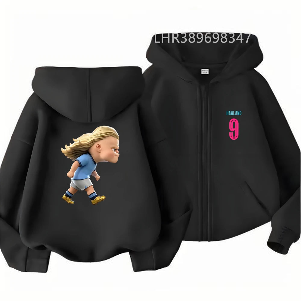 Kids Zipper Hoodie Tops Football Star No. 9 Print Black Boys Girls Red Toddler Coat Age 3-12 Casual Autumn Fashion Clothing