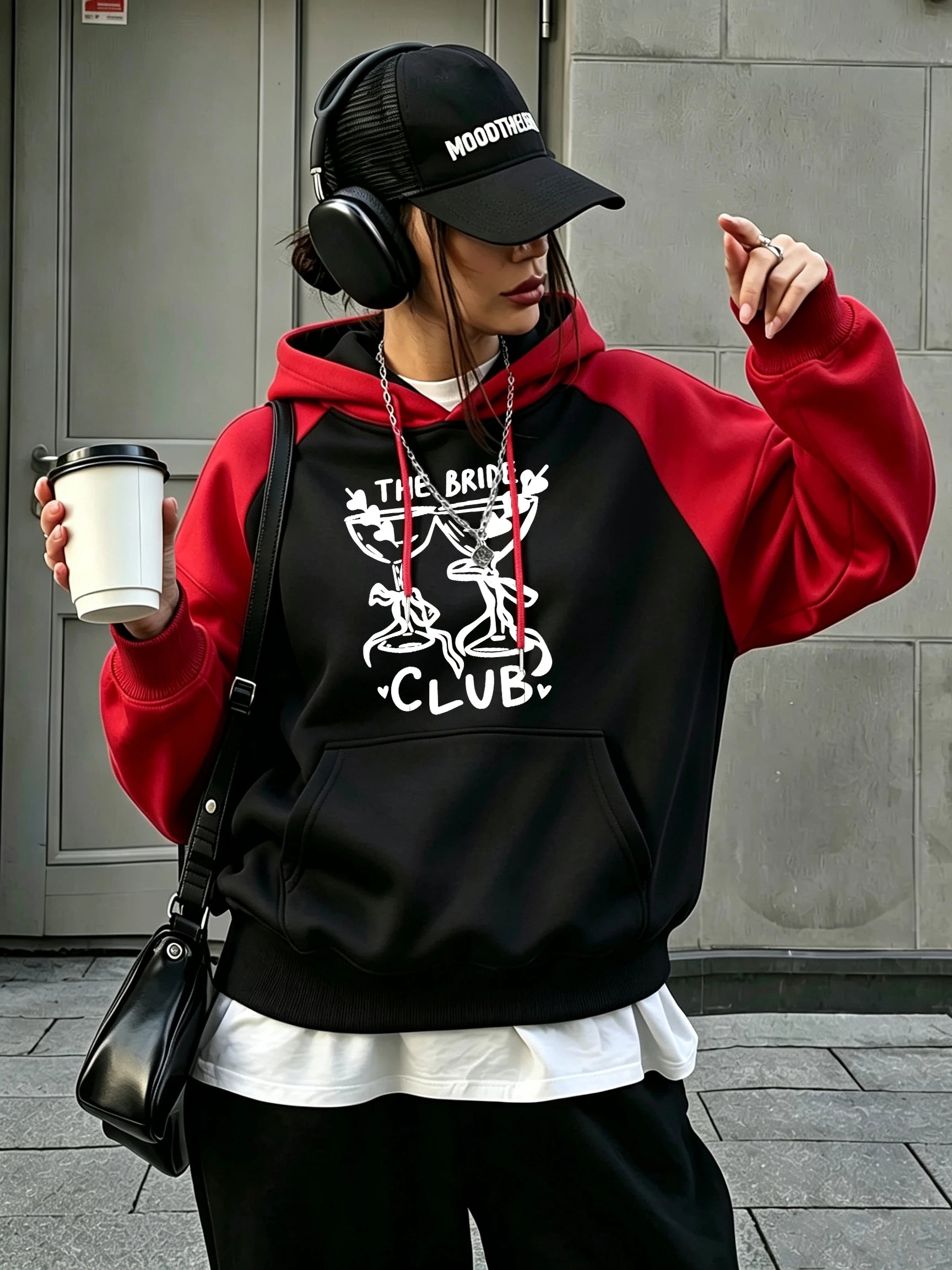 Drinking Happily In A Bar Print Women'S Raglan Hoodies Y2K Fleece Hoody Casual Pocket Streetwear Autumn Vintage Loose Pullovers