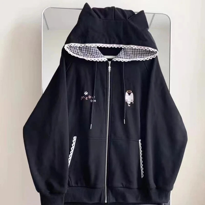 Y2k Kawaii Japanese Cartoon Long Sleeve Zipper Hooded Sweatshirts Subculture Loose Casual Hoodies Women Tops 2000s Vintage Chic