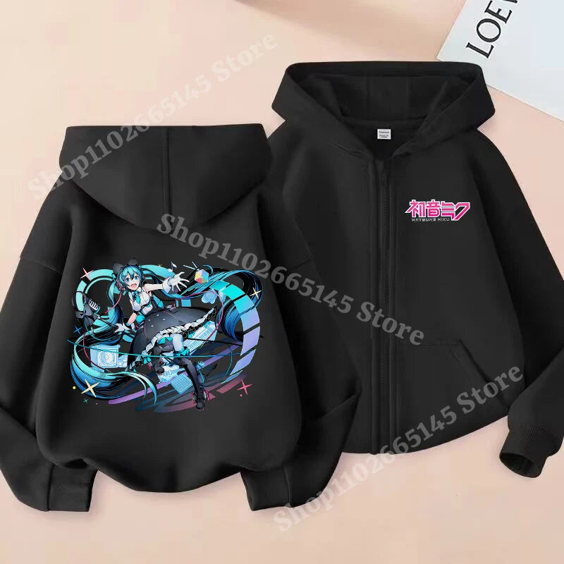 Hatsune Miku Zipper Hoodies Coat Girls Cute Hooded Cardigan Kids Spring Autumn Jacket Long Sleeves Fashion Children Clothes Gift