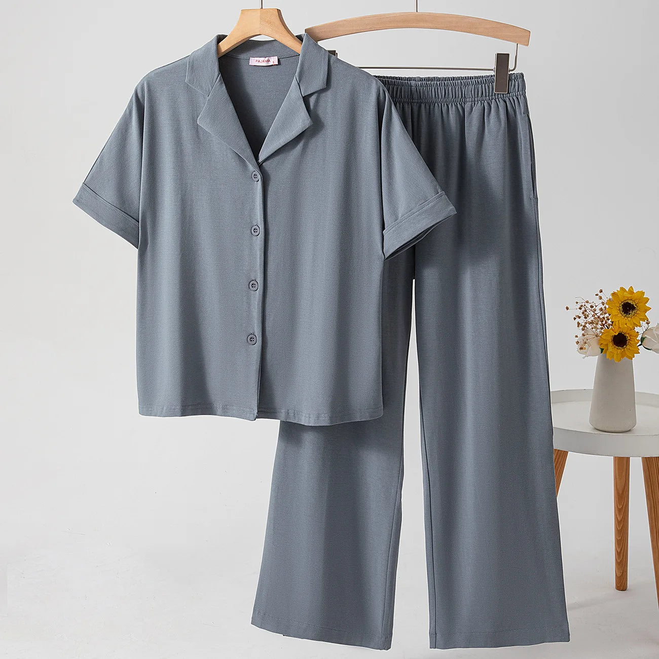 Spring Summer New 2Pcs Pajamas Set Cotton Women's Sleepwear Home Clothing Modal Short Sleeve Trouser Suit Pyjamas Lounge Wear