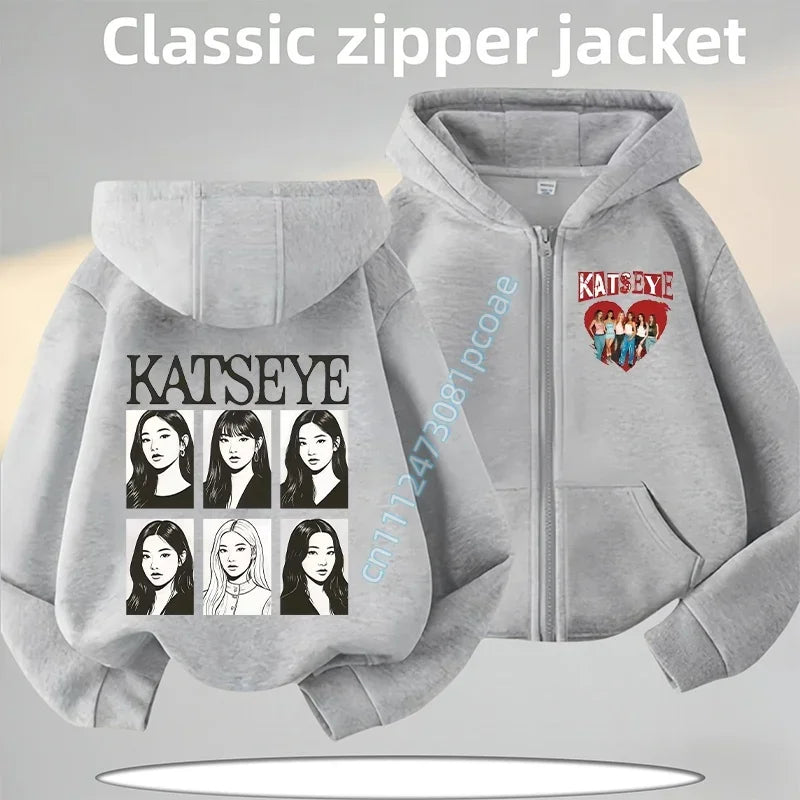 KATSEYE Children's Zippered Pullover Hoodie Boys' Sport Shirt Girls' Casual Top Cartoon Print 2026 New Fall/Winter Coat