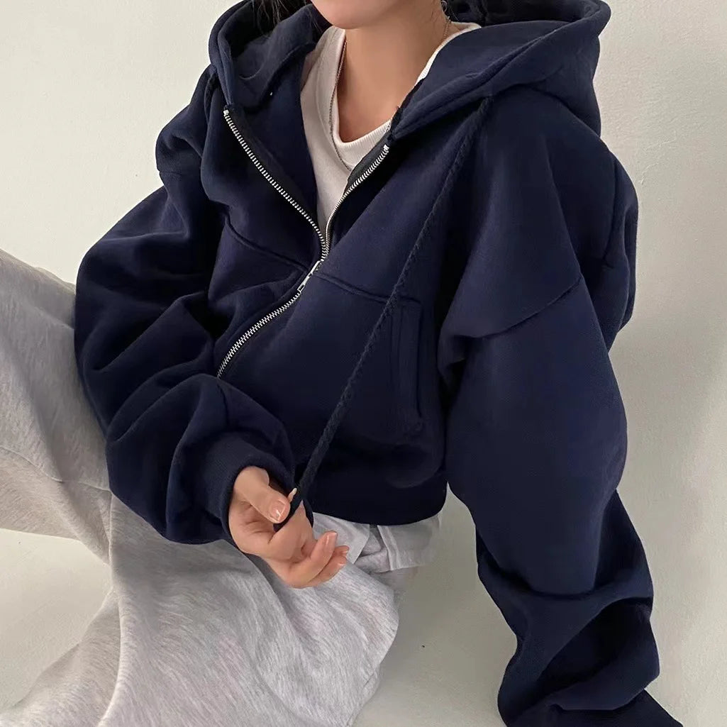Women Fall Winter New Fleece Lined Hoodie Solid Color Zip Up Slim Short Warm Fashion Versatile Sweatshirt