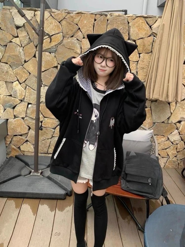 Y2k Kawaii Japanese Cartoon Long Sleeve Zipper Hooded Sweatshirts Subculture Loose Casual Hoodies Women Tops 2000s Vintage Chic