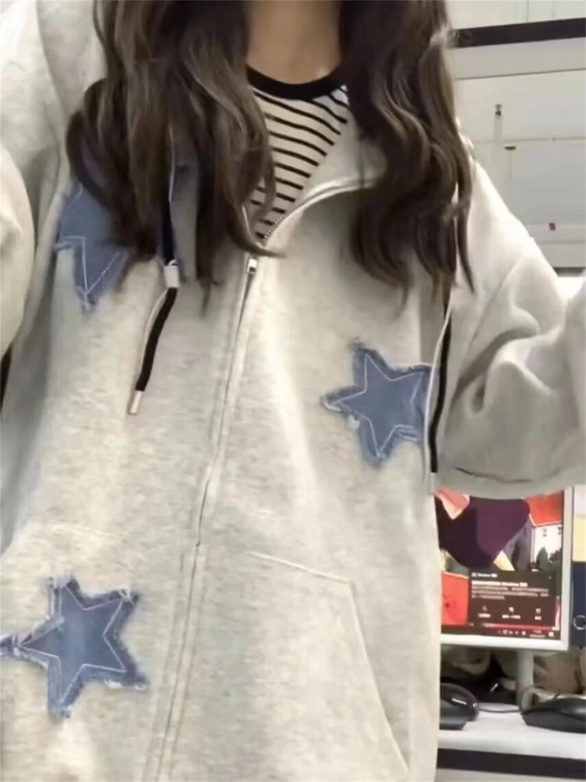 Streetwear Hoodies Women Stars Print Fashion Oversized Outwear Harajuku Casual Hooded Zipper Sweatshirt Jacket Korean Y2k Tops
