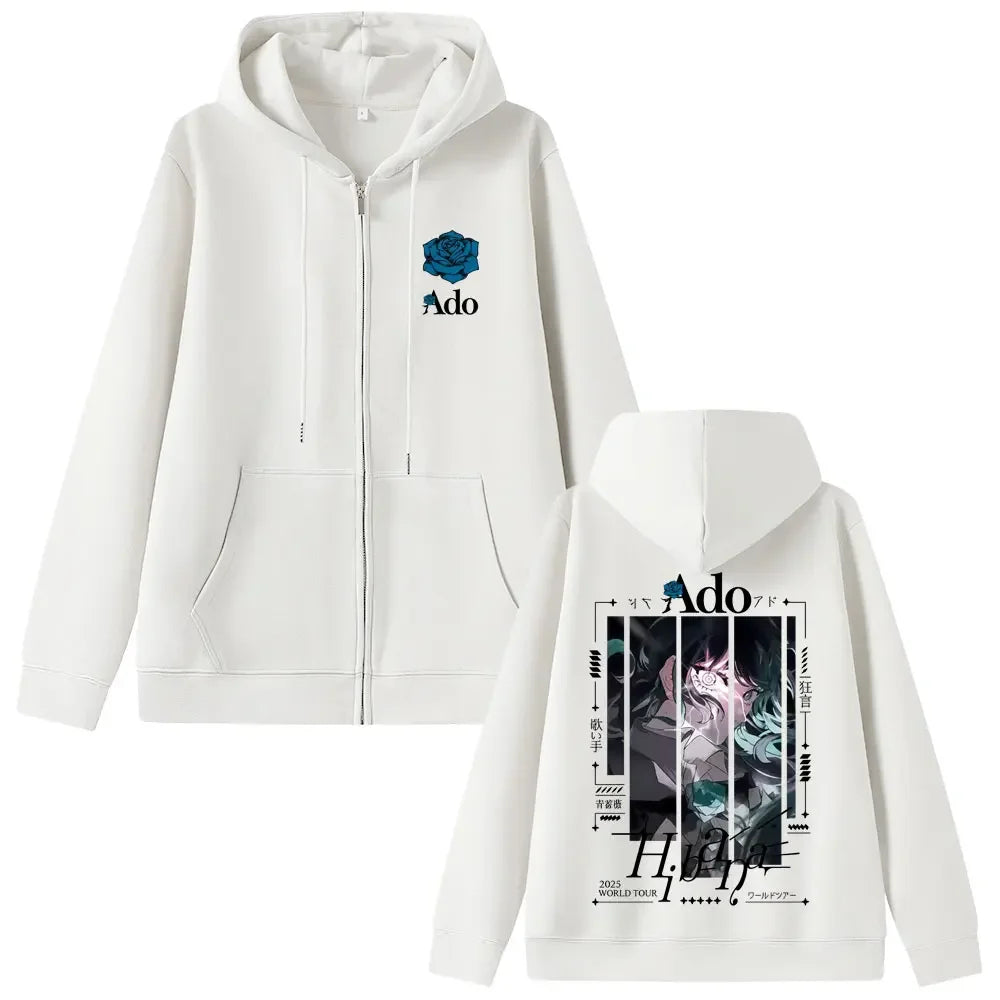 Ado Fashion Zipper Hoodie Men Women Hip Hop High Street Y2K Casual Zip-up Coat Autumn Winter Fleece Long Sleeve Sweatshirts