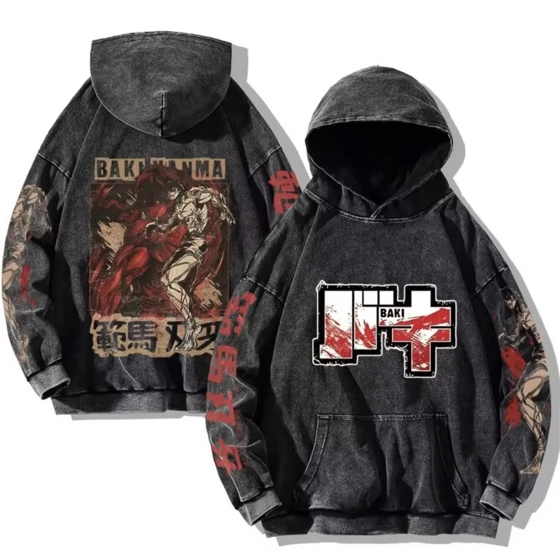 Baki Hanma Anime Print Hooded Men Women Vintage Trendy Hoodies Plus Size Washed Cotton Sweatshirt Harajuku Unisex Streetwear