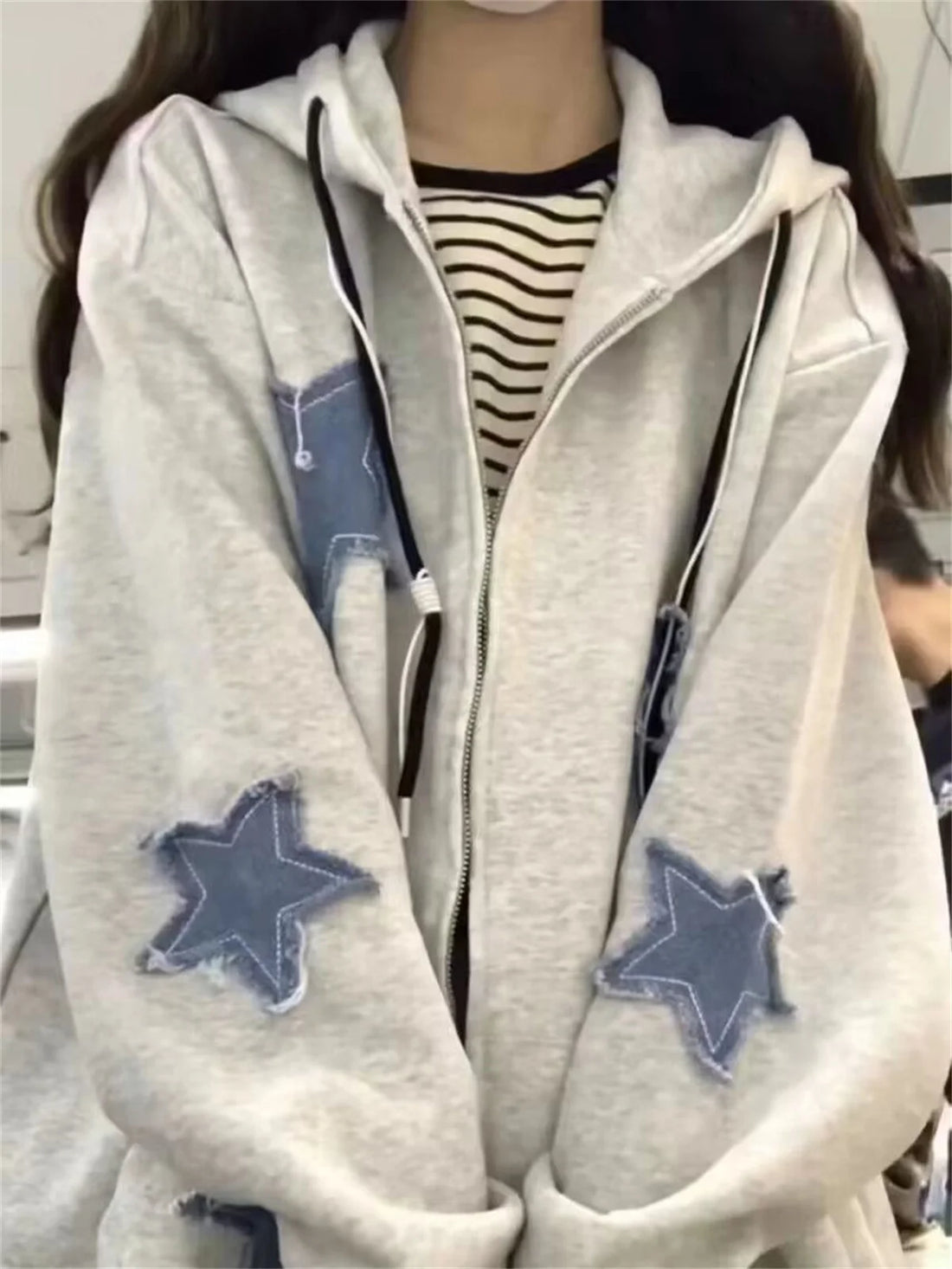 Streetwear Hoodies Women Stars Print Fashion Oversized Outwear Harajuku Casual Hooded Zipper Sweatshirt Jacket Korean Y2k Tops