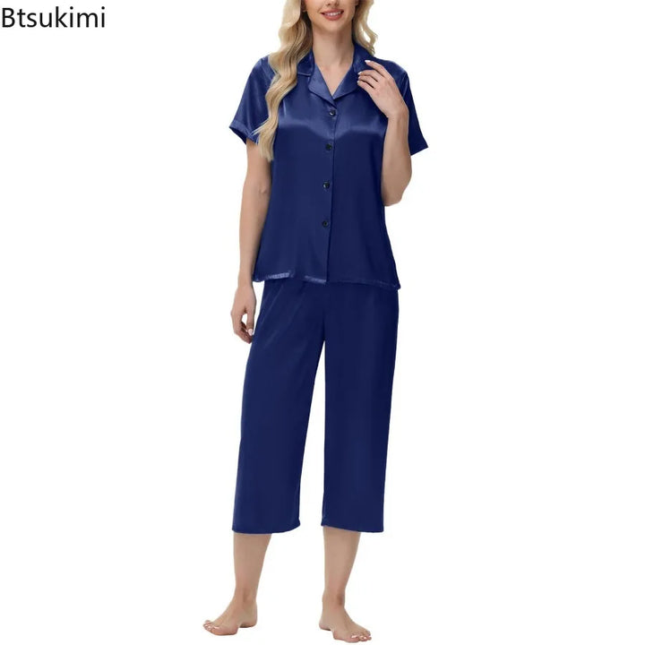 New Women Two-piece Pajama Set Elegant Ice Silk Pajama Set with Button-down Shirt Wide Trousers Homewear Casual Outfit Sleepwear