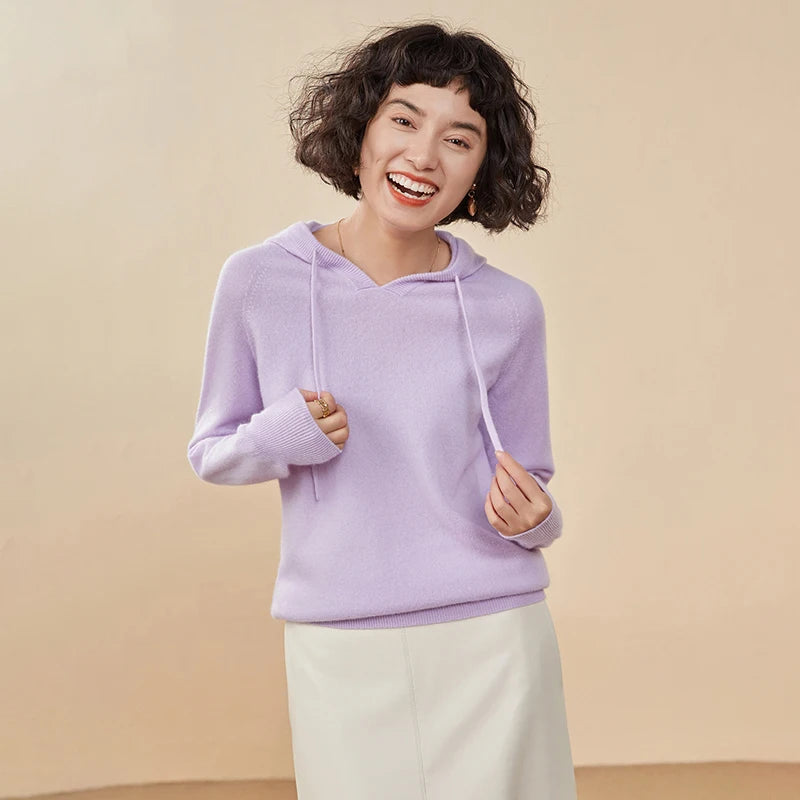 CHICUU Women Cashmere Hoodie Sweater 100% Cashmere Pullover Knitwear Autumn Winter Casual Style Hoodie Soft Warm Clothing Tops