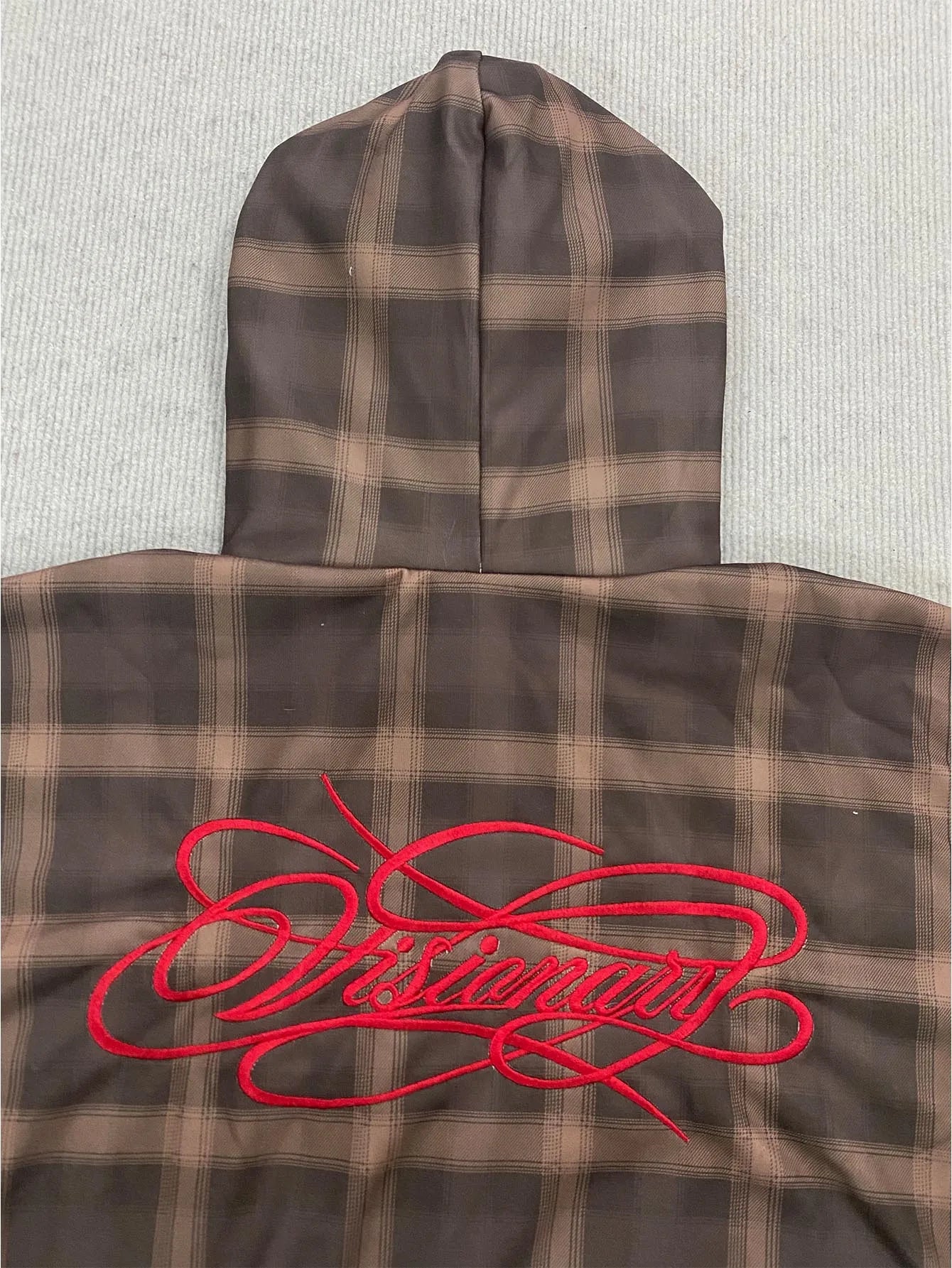 Y2K Muted Brown Check Red Chest Embroidery Full Zip Drop Shoulder Loose Hooded Sweatshirt