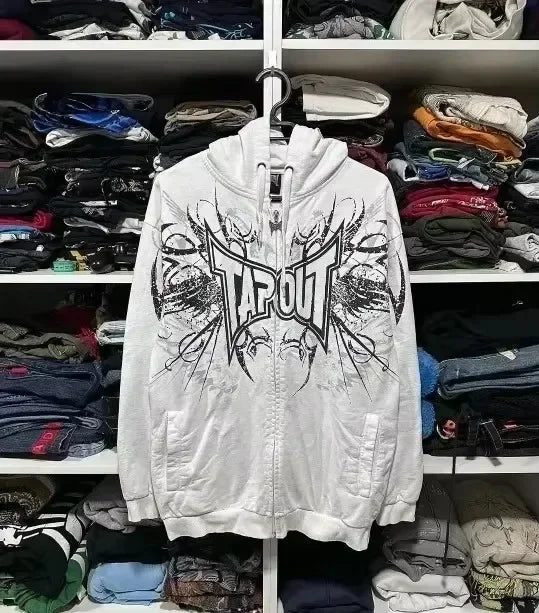Y2K New American Tapout Zipper Hoodie Sweatshirt Men Hip Hop Letter Retro Graphic Embroidery Hoodie Jacket Clothes Streetwear