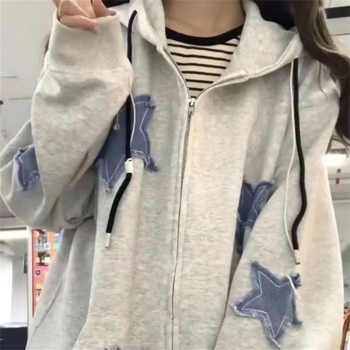 Streetwear Hoodies Women Stars Print Fashion Oversized Outwear Harajuku Casual Hooded Zipper Sweatshirt Jacket Korean Y2k Tops