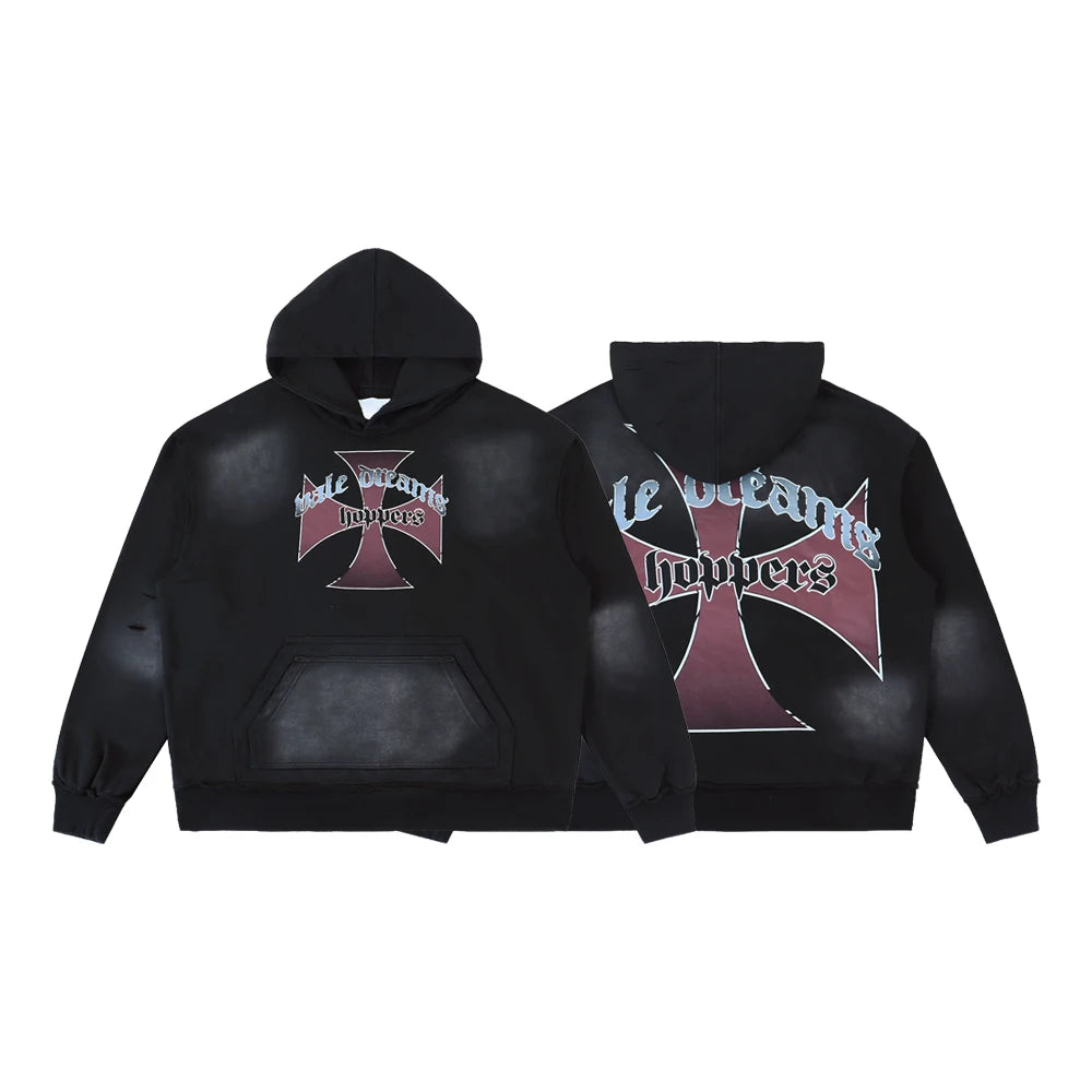 Y2k Streetwear Cross Graphic Hoodies Hiphop Street Style Heavy Weight Cotton Retro Distressed Print Ripped Hole Oversize Hoodies