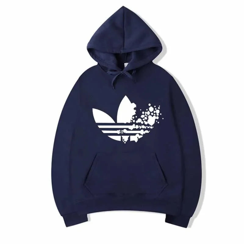 2026 New Arrival Classic Trefoil Logo Hoodie for Men Women – Navy Blue Floral Splatter Print Casual Pullover Sweatshirt