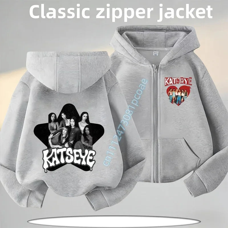 KATSEYE Children's Zippered Pullover Hoodie Boys' Sport Shirt Girls' Casual Top Cartoon Print 2026 New Fall/Winter Coat