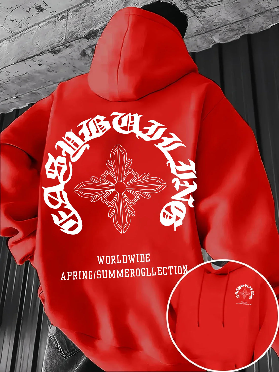 Gothic Letter Cross Pattern Men's Hoodie with Vintage Print, Loose Fit, Suitable for Autumn Winter with A Hooded Pullover Design
