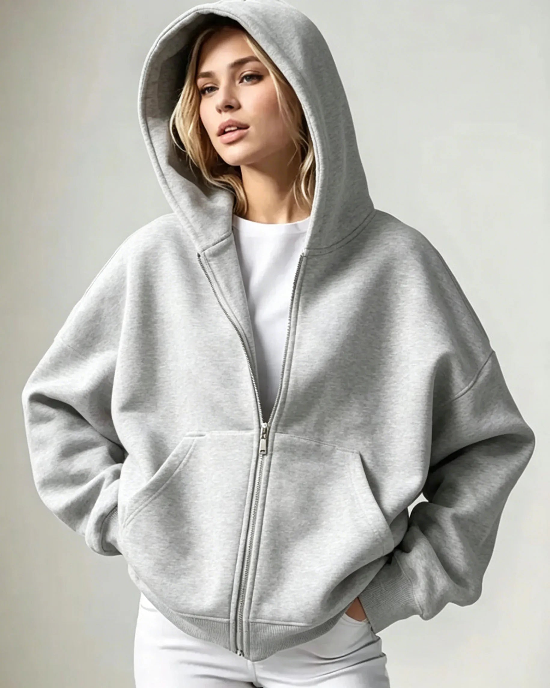 Women Solid Full Zip Up  Hoodie Casual Loose Pocket Hooded Jacket  Soft Long Sleeve Sweatshirt Autumn Winter couple Outerwear