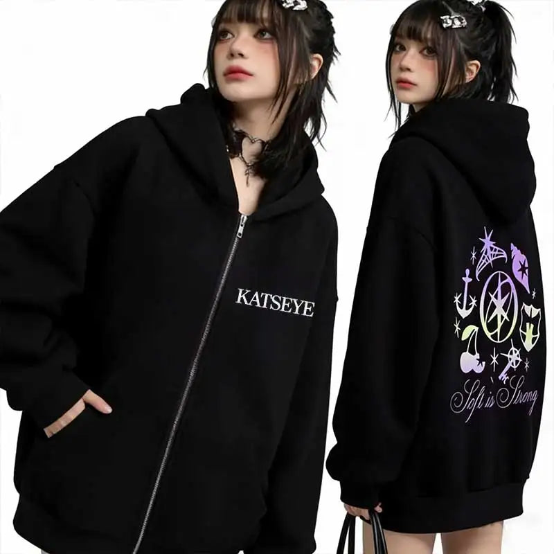Katseye Graphics tracksuit vintage Hoodie Men Women 2026 tops Fleece fashion clothes Hip Hop Coat Zip Up Jacket Loose streetwear