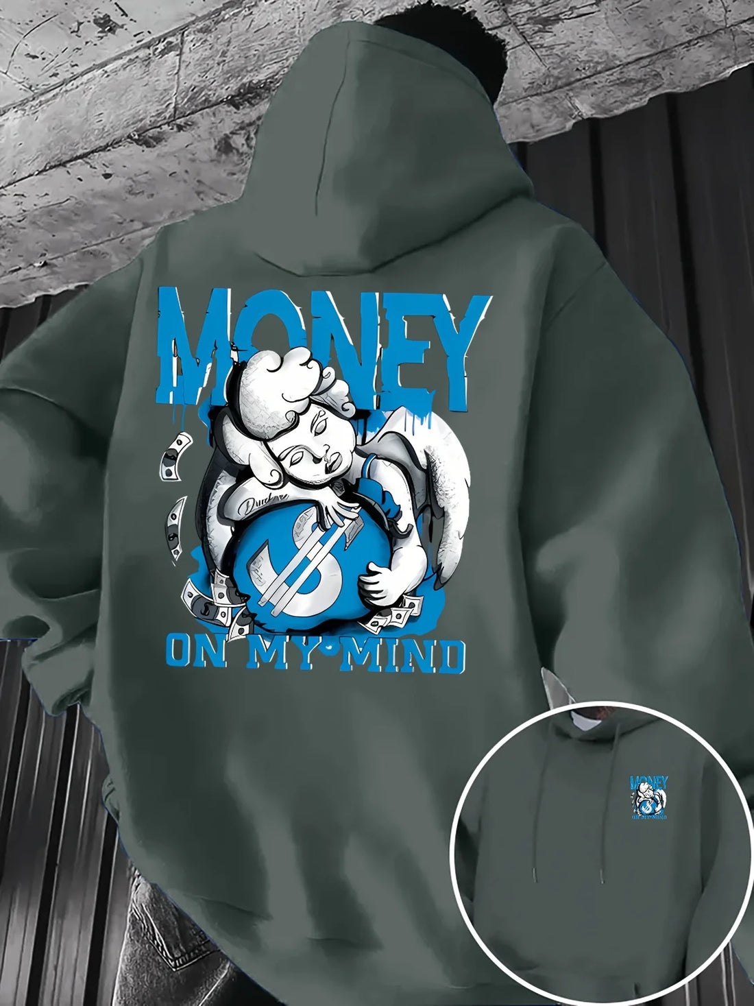 Men's Money On My Mind Angel Graphic Hoodie Casual Loose Pullover Sweatshirt Hip Hop Streetwear Long Sleeve Hooded Top