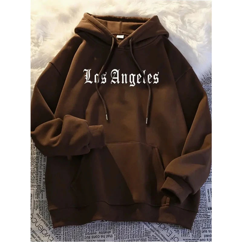 Men's Autumn and Winter Casual Fashion Loose Hoodie Los Angeles Letter Printed Long Sleeved Warm Pullover Sweater