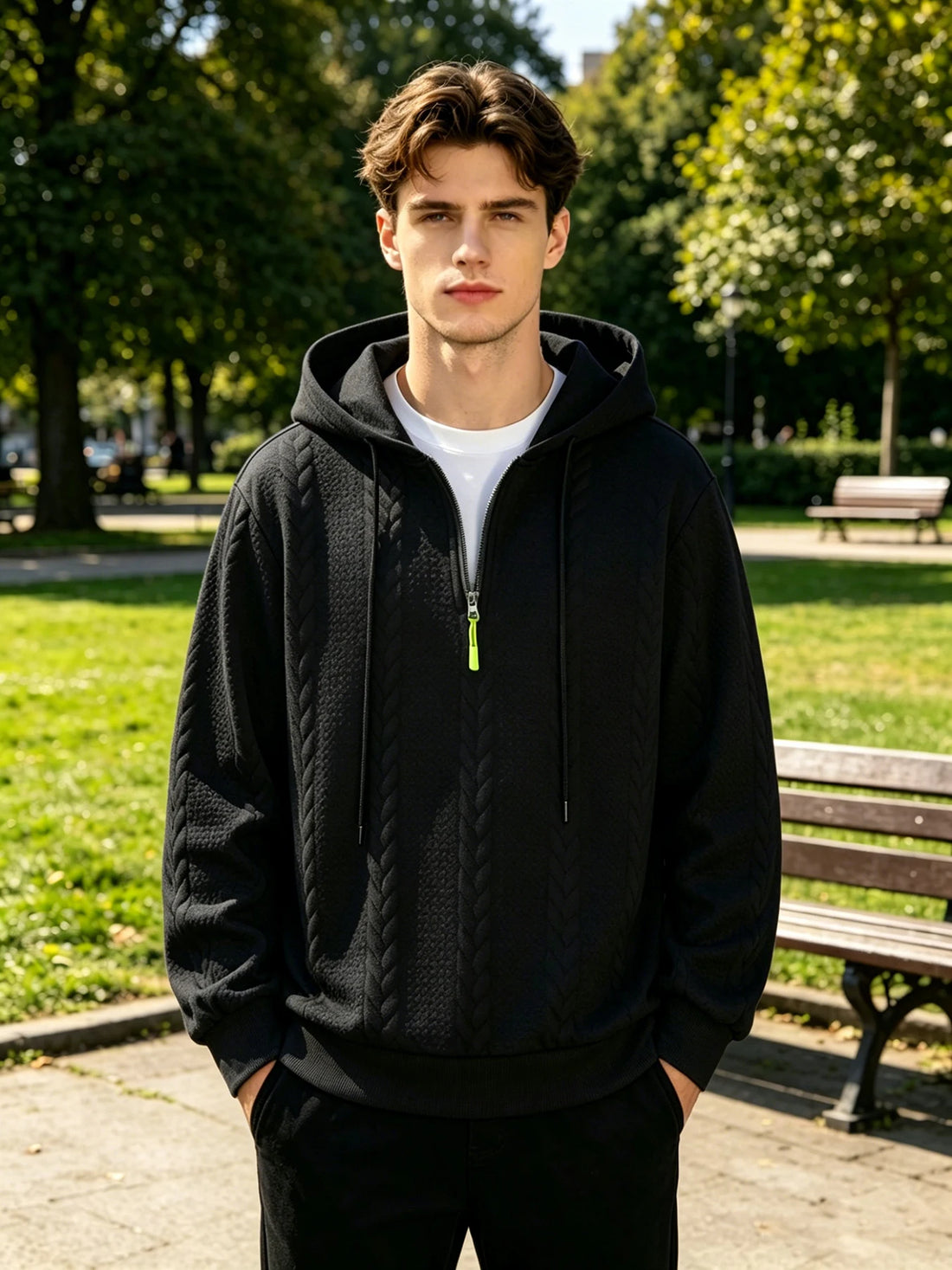 Men's Boxing Slogan Print Cable Jacquard Half Zip Hoodies Loose Casual Pullover Autumn Everyday Fashion Fitness Commute Top