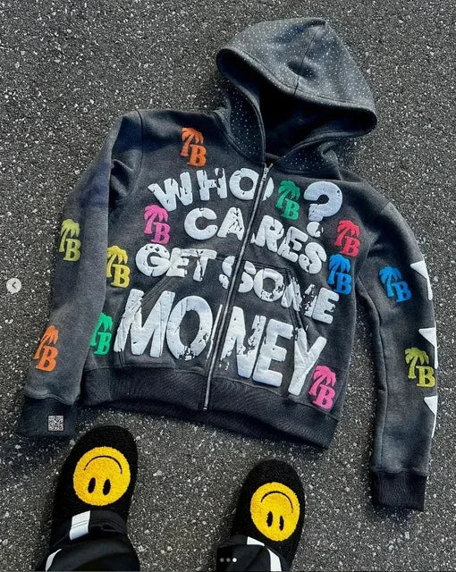 Y2K Trendy Letter Pattern Loose Casual Comfortable Hooded Zipper Retro Hoodie Jacket Top Unisex