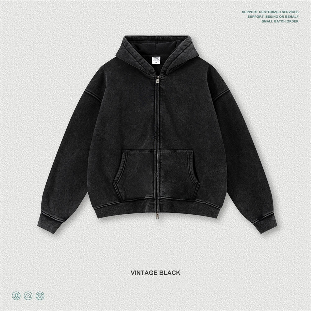 ZODF Retro Washed Man Boxy Fit 400gsm Fleece Zipper Hoodie Unisex Distressed Loose Warm Hooded Coat Jacket Brand Outwears HY1184