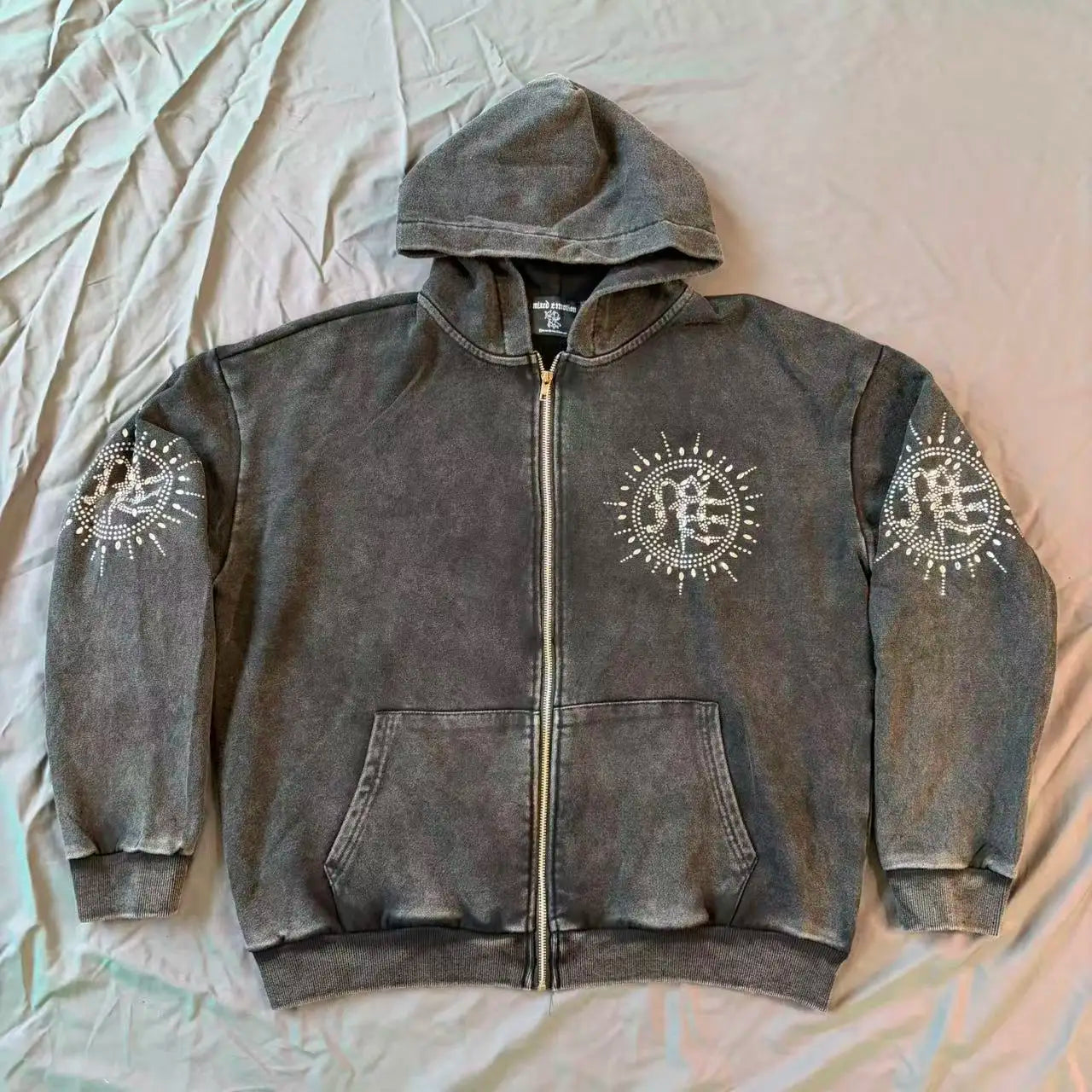 Fashionable Zip-Up Jacket, High Quality, 450g Heavyweight Pure Cotton Terry Fabric, White Ink Direct Printing, Middle Eastern Glass Rhinestones, Full Print, Hand-Applied Rhinestones