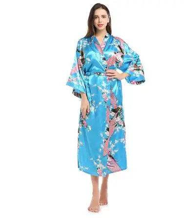 Womens Silk Satin Kimono Robes Long Sleepwear Dressing Gown Floral Peacock Printed Pattern Party Wedding Bridesmaid Bathrobe