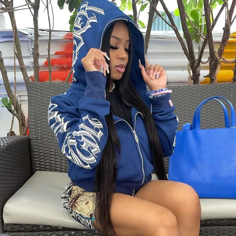 New 2025 Winter Letter Printed Zip Up Hoodie Streetwear Women Cyber Y2k Jackets Cardigan Gothic Punk Clothes Sweatshirts