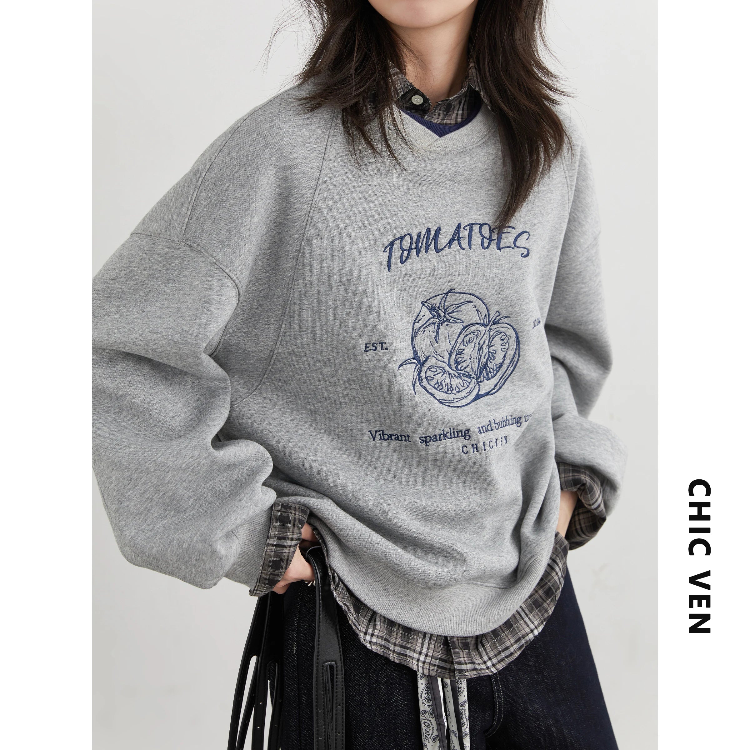 CHIC VEN Women Sweatshirts Loose Casual Design Contrasting Color Female Pullover Embroidery Pullover Coat Autumn Winter 2025