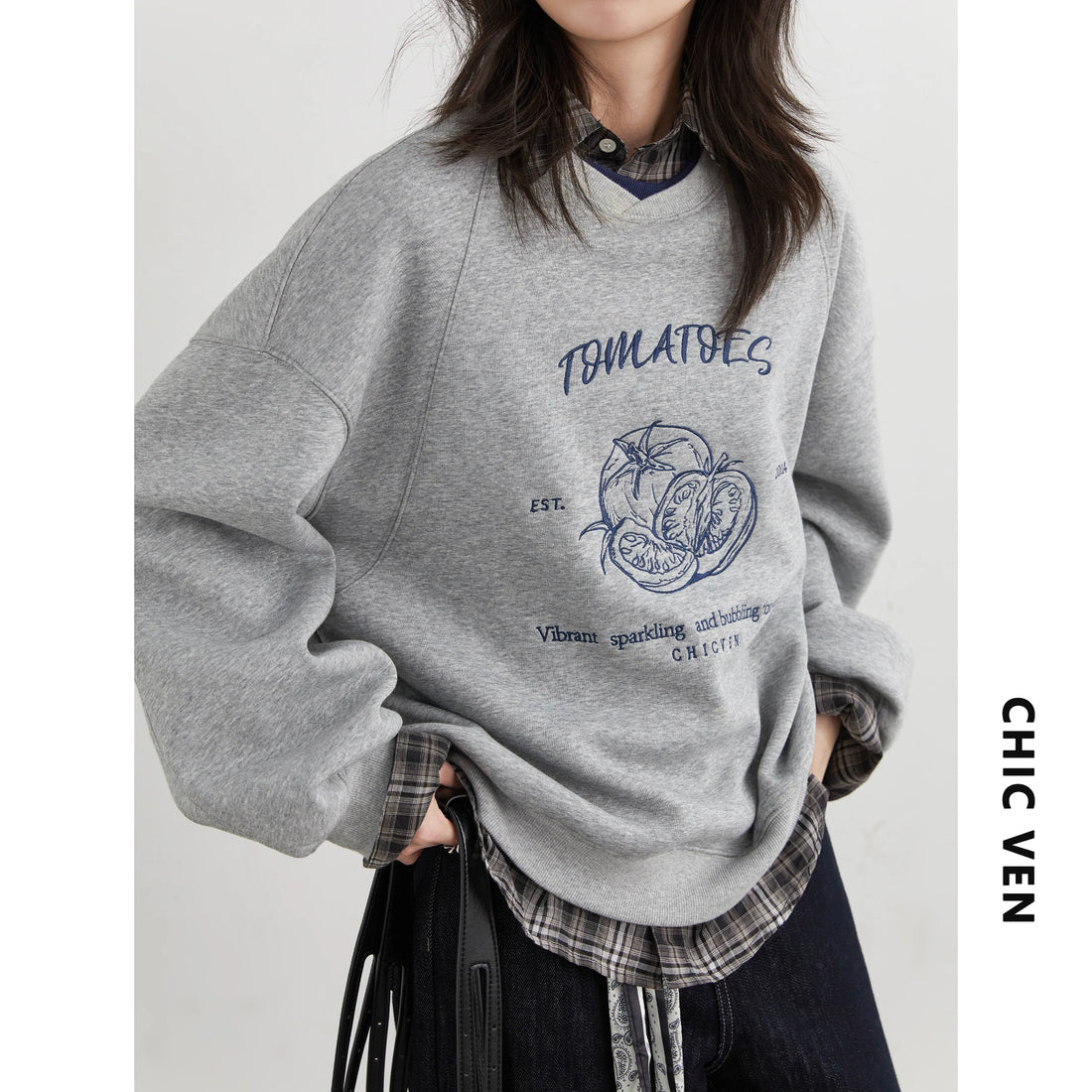 CHIC VEN Women Sweatshirts Loose Casual Design Contrasting Color Female Pullover Embroidery Pullover Coat Autumn Winter 2025
