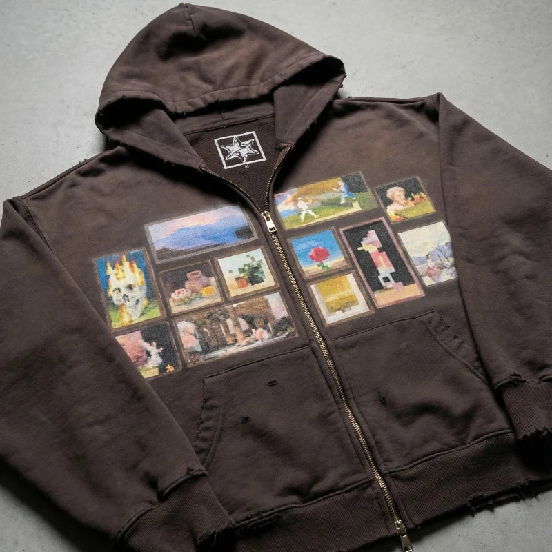 Y2K Retro Brown Washed Hoodie Pixel Paint Print Gallery Zipper Sweatshirt Trendy Distressed Streetwear Unisex Oversize Clothing