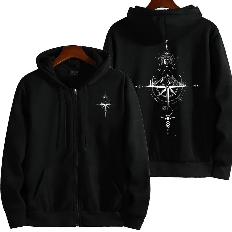 Vintage Compass Print Zip Hoodies for Men High Quality Hooded Long Sleeve Pullover Winter Daily Casual Sports Tops Men's Clothes