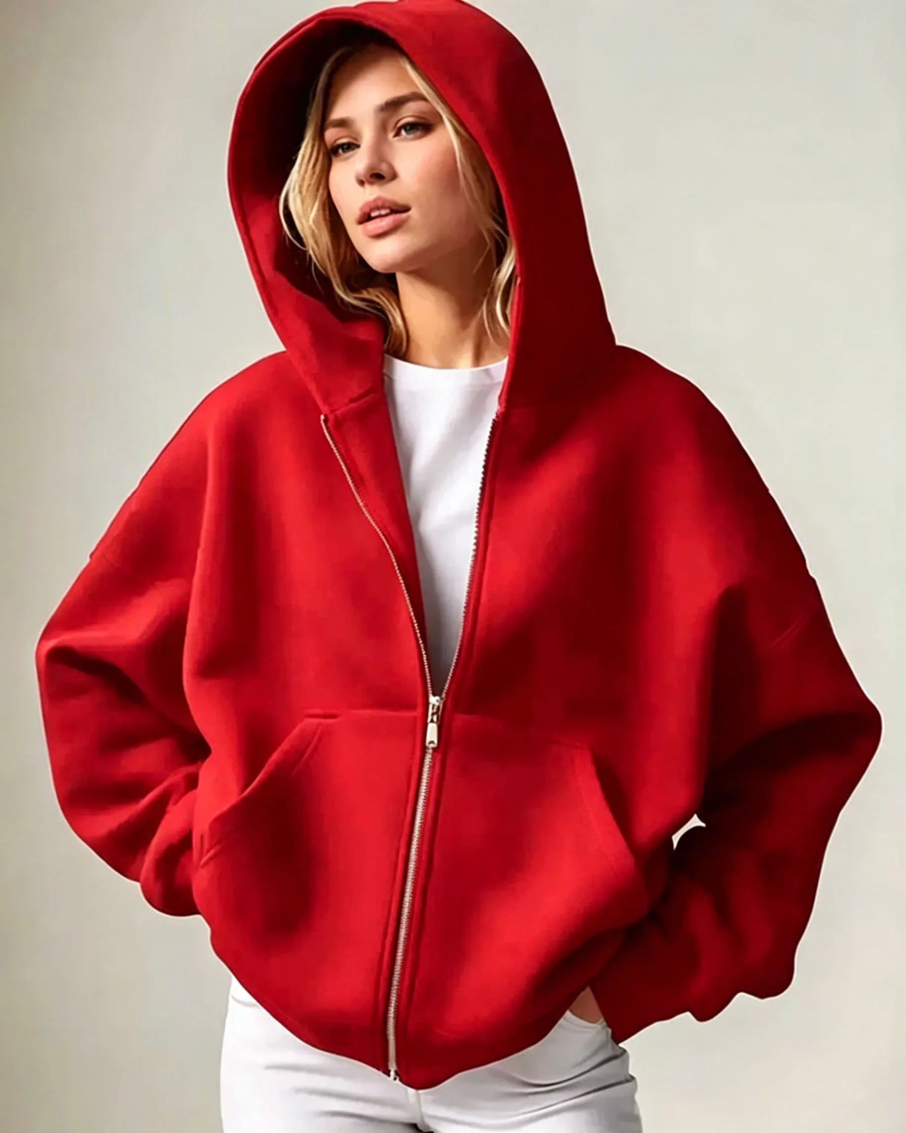 Women Solid Full Zip Up  Hoodie Casual Loose Pocket Hooded Jacket  Soft Long Sleeve Sweatshirt Autumn Winter couple Outerwear