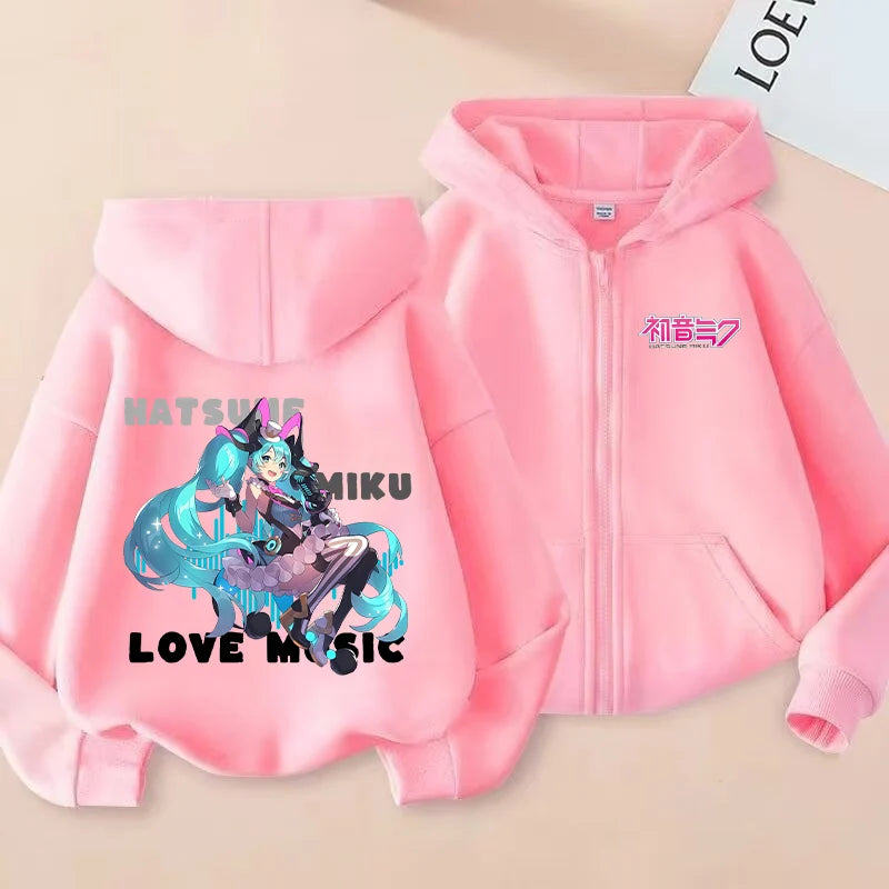 Hatsune Miku Zipper Hoodies Coat Girls Cute Hooded Cardigan Kids Spring Autumn Jacket Long Sleeves Fashion Children Clothes Gift