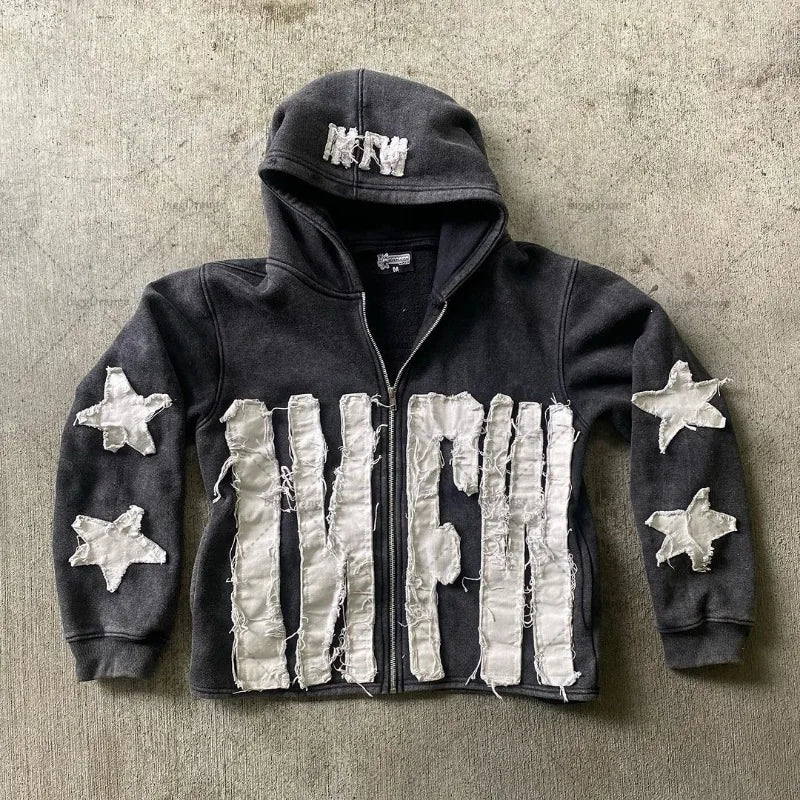 Autumn And Winter Hoodie Patchwork Letter Star Pattern Long Sleeved Pullover Hoodie Harajuku Fashionable Loose Versatile Jackets