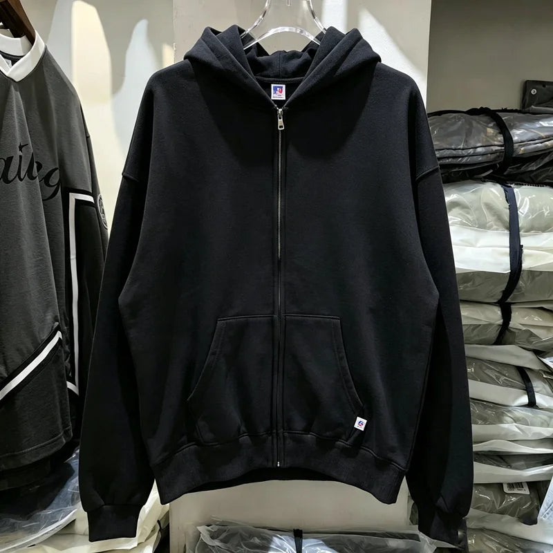Solid Russell Thin Fleece Zipper Hoodie Jacket Men Women Kanye Sweatshirts High Quality Fabric Loose Streetwear Hooded Pullovers