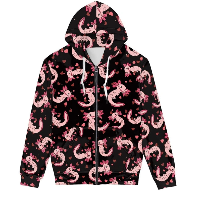 Hot Sale Cute Axolotl 3D Printed Zip Up Hoodies Men Women Outdoor Leisure Trend Sweater Graphic Hooded Sweatshirt Man Clothing