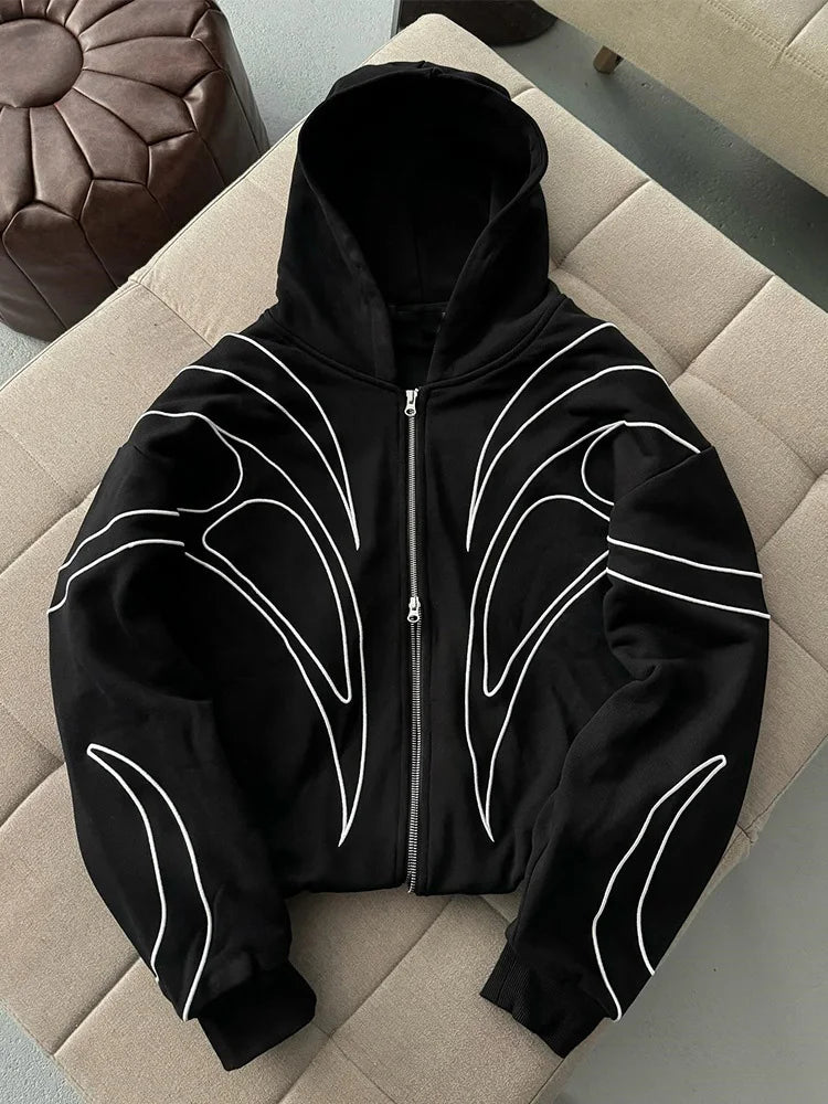 Street Retro Fashion Clothing Striped Embroidered Black Double Zipper Hoodie American Hip-hop Punk Oversized Sweatshirt women