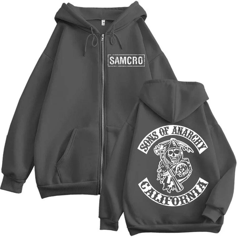 2025 New Sons of Anarchy Double Sided Printed Hoodie Men Women Gothic Retro Zipper Sportswear Casual Street Fashion Pullover