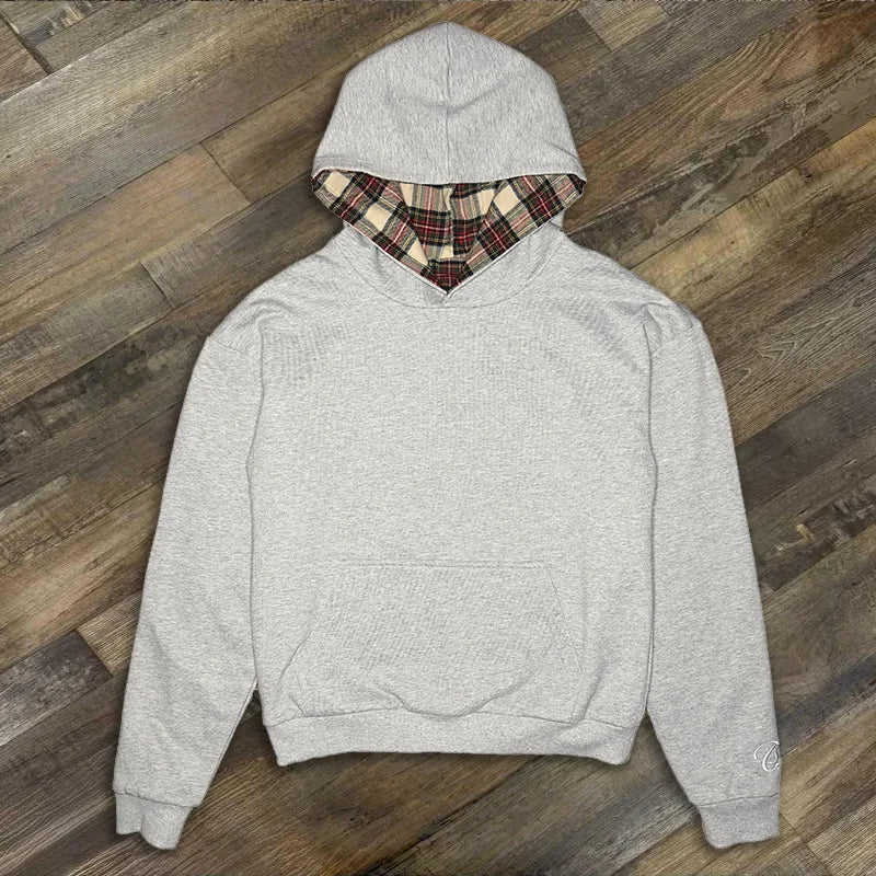 Unisex American Hip-Hop Plaid Print Loose Hoodie Y2K Pullover for Autumn Winter Men Women
