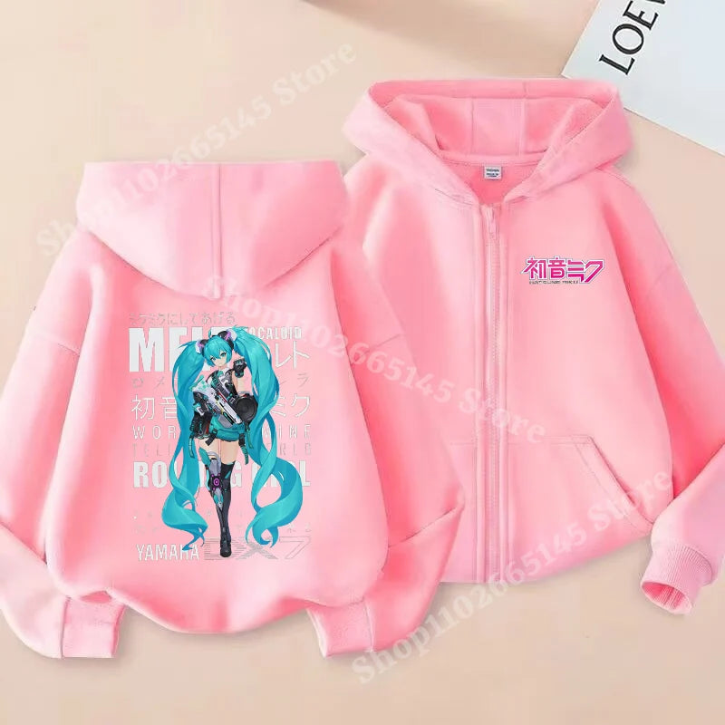 Hatsune Miku Zipper Hoodies Coat Girls Cute Hooded Cardigan Kids Spring Autumn Jacket Long Sleeves Fashion Children Clothes Gift