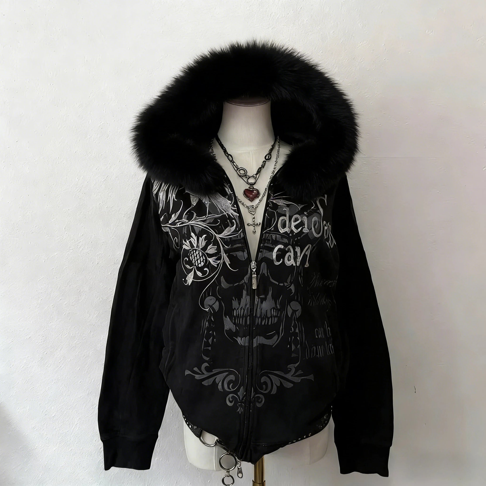 Y2K Fur collar sweatshirt Gothic Retro Pattern Super Dalian Hat Zipper Sweatshirt Trend Men Women Fashion Casual Streetwear
