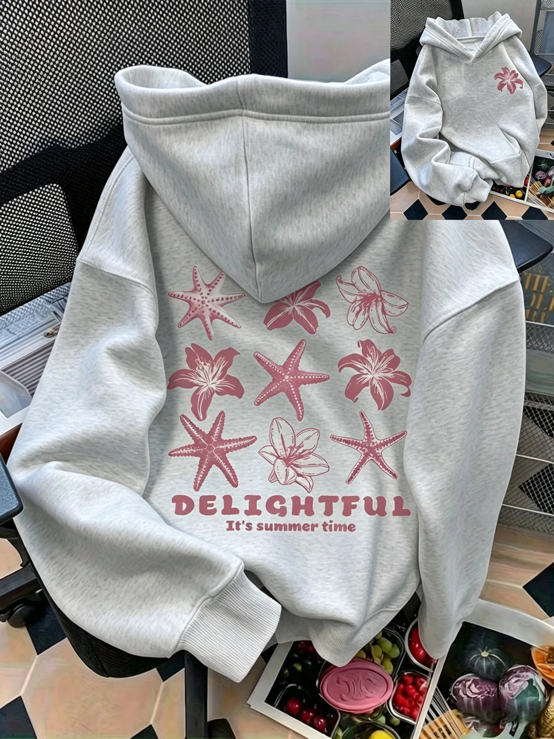 Women's casual seashell and letter pattern front and back printed pullover hoodie women's casual top versatile style hoodie