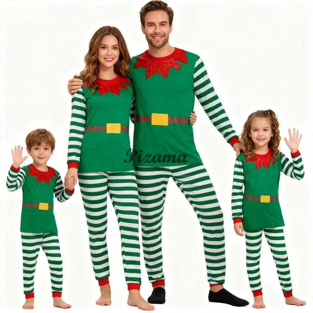 Green Santa Claus Cosplay Family Look Clothes Striped Christmas Family Matching Pajama Sets Father Mother Kids Couples Pyjamas